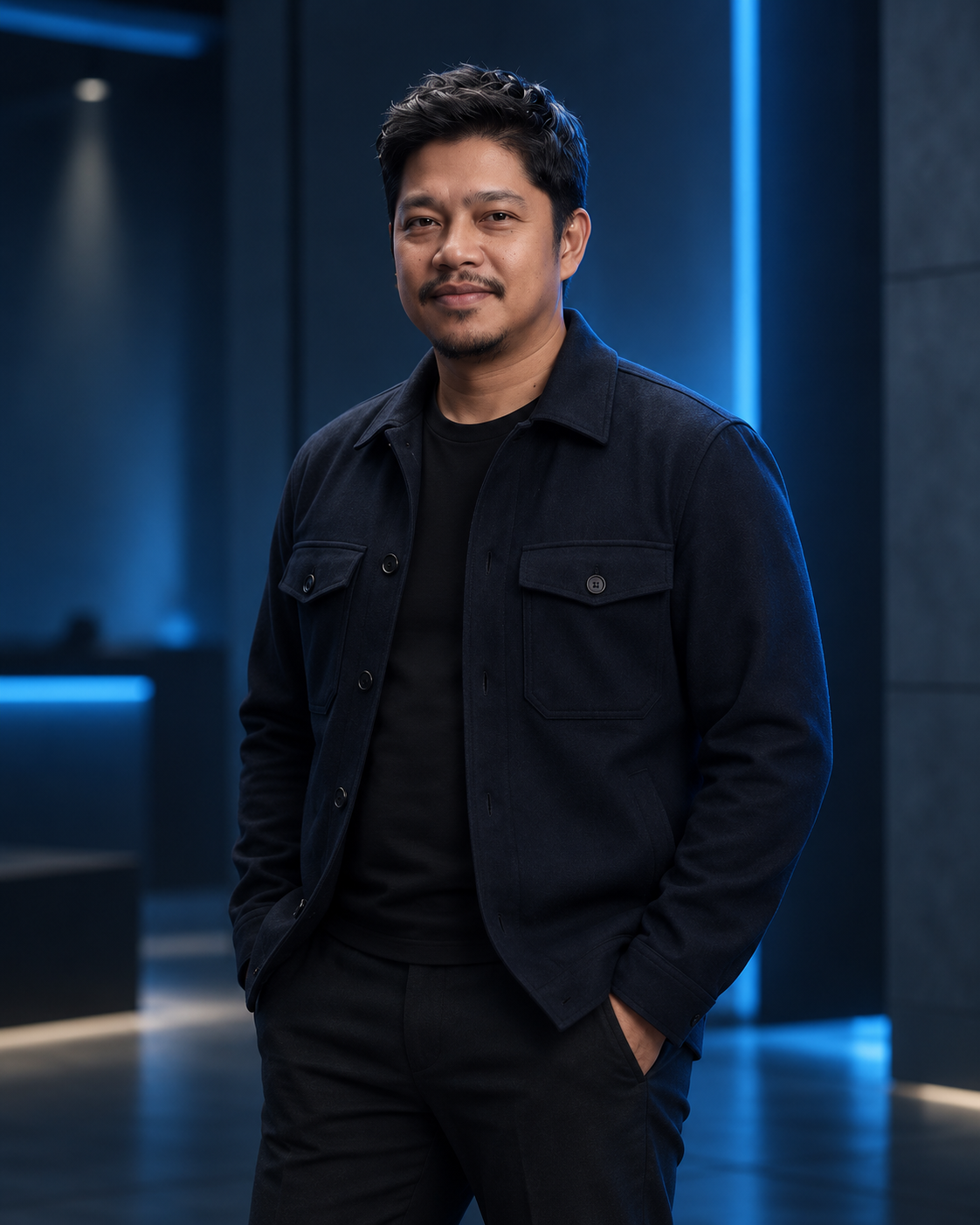 Leo Bryan Magsino in a dark jacket in a blue studio